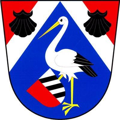 V modrém štítě s červeno-stříbrně dělenými kouty, vpravo šikmo a vlevo kosmo, stříbrný čáp se zlatou zbrojí držící pravou nohou kosmý červeno-stříbrně polcený štítek, vlevo se třemi černými kosmými břevny. V koutech černá svatojakubská mušle. Znak Tučapy