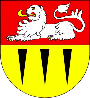 V červeno-zlatě děleném štítě nahoře stříbrný ležící lev se zlatou zbrojí, dole tři černé lamačské rozštěpovací klíny vedle sebe. Znak Tuchoměřice