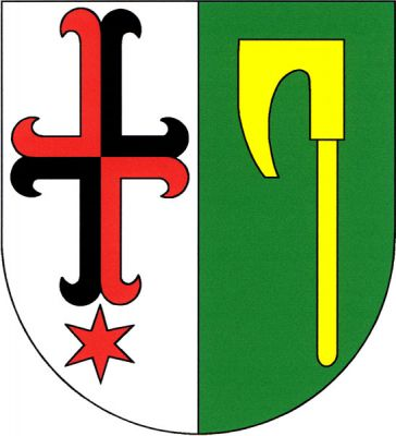 Ve stříbrno-zeleně polceném štítě vpravo červeno-černě čtvrcený kotvicový kříž provázený dole červenou hvězdou, vlevo zlatá sekera - bradatice. Znak Tursko