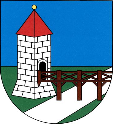 V modro - zeleně děleném štítě, dole s šikmým stříbrným břevnem, vpravo natočená stříbrná kvádrovaná věž na šikmo rozšířeném soklu s černou branou a s červenou stanovou střechou se zlatou makovicí. Mezi branou a levým okrajem štítu dřevěný příhradový most na třech podpěrách přirozené barvy. Znak Týnec nad Labem