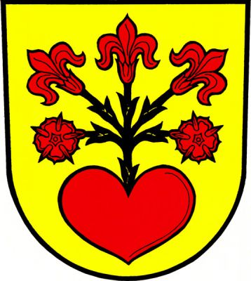 Ve zlatém štítě srdce kvetoucí třemi liliemi a dvěma růžemi, vše červené, na černých stoncích. Znak Uhelná