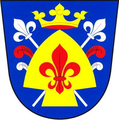 V modrém štítě čelně vztyčená zlatá radlice s červenou lilií, převýšená zlatou korunou a podložená dvěma zkříženými stříbrnými liliovými hůlkami. Z ostří radlice vyrůstají na každé straně dvě pštrosí péra, červené a stříbrné. Znak Uhersko