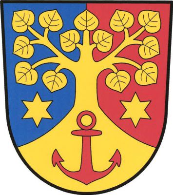 V modro-červeně polceném štítě vyrůstá ze sníženého vydutého hrotu lípa provázená po stranách dvěma hvězdami, vše zlaté. V hrotu červená kotva. Znak Úholičky