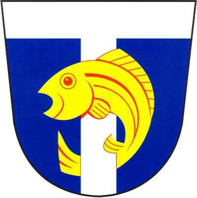 V modrém štítě pod stříbrnou hlavou stříbrný kůl, zleva obtočený vztyčenou zlatou rybou. Znak Úhřetická Lhota