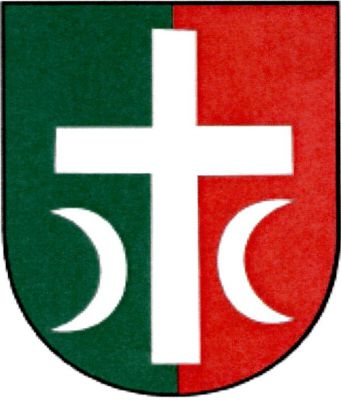 V zeleno - červeně polceném štítě latinský kříž dole provázený odvrácenými půlměsíci, vše stříbrné. Znak Uhřínov