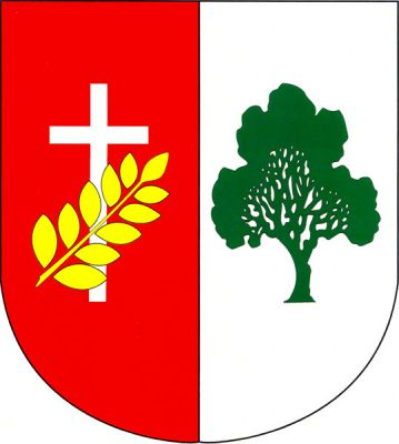 V červeno-stříbrně polceném štítě vpravo stříbrný latinský kříž šikmo přeložený zlatou listnatou větévkou. Vlevo zelený listnatý strom. Znak Újezd