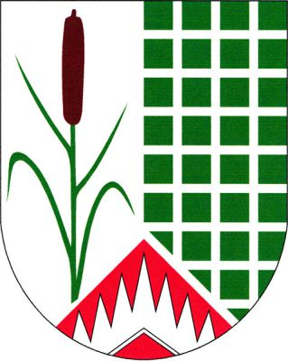 Stříbrno-zeleně polcený štít s červeným hrotem v patě, v něm stříbrný hřeben. Vpravo vyrůstající orobinec přirozené barvy, levé pole stříbrně mřížované. Znak Újezd u Boskovic