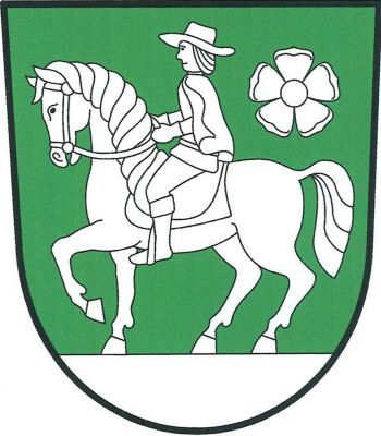 V zeleném štítě na trávníku kráčející kůň s jezdcem s kloboukem, provázený vlevo nahoře růží, vše stříbrné Znak Újezdec