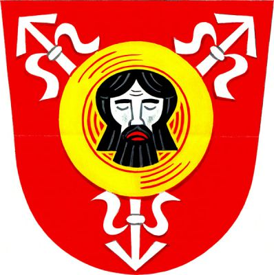V červeném štítě čelně zlatý talíř s hlavou sv. Jana Křtitele a třemi (2,1) vynikajícími stříbrnými zavinutými střelami. Znak Určice