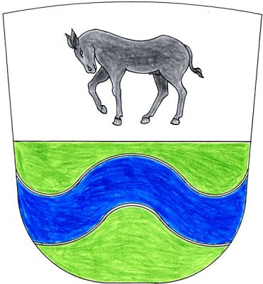 Ve stříbrno-zeleně děleném štítě, nahoře kráčející osel přirozené barvy, dole modré vlnité břevno se stříbrným lemem. Znak Úsilné