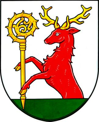 Ve stříbrném štítě vyrůstá ze zelené paty červený jelen se zlatou zbrojí držící vztyčenou zlatou berlu závitem doleva. Znak Ústín