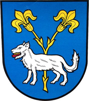 V modrém štítě stříbrný stojící vlk s červeným jazykem, podložený dvěma zlatými odkloněnými liliemi na jednom stonku. Znak Václavov u Bruntálu