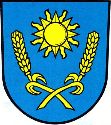 V modrém štítě slunce nad dvěma zkříženými prohnutými obilnými klasy, vše zlaté. Znak Václavovice