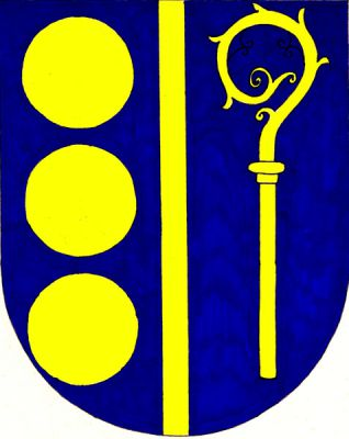 V modrém štítě zúžený kůl, provázený vpravo třemi koulemi pod sebou, vlevo berlou, vše zlaté. Znak Vacov