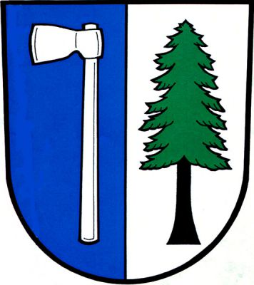 V modro-stříbrně polceném štítě vpravo stříbrná sekera, vlevo uťatý zelený jehličnatý strom s černým kmenem. Znak Valašské Příkazy