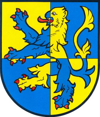 V zlato-modře čtvrceném štítě lev opačných barev s červenou zbrojí. Znak Valdice