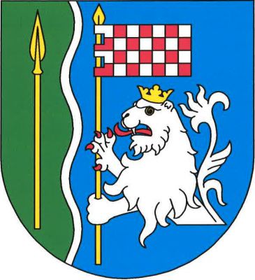 Stříbrným zúženým vlnitým kůlem zeleno-modře vpravo polcený štít. Vpravo vztyčené zlaté kopí, vlevo polovina stříbrného korunovaného lva s červenou zbrojí držící zlatou žerď se stříbrno-červeně šachovaným praporcem. Znak Valkeřice