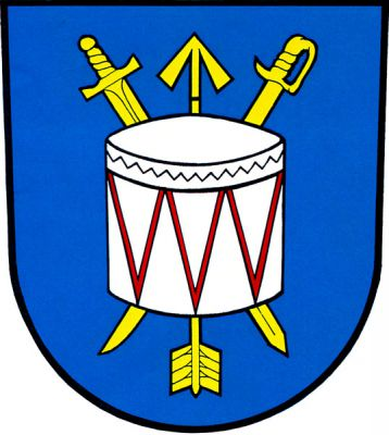 V modrém štítě stříbrný buben s červenými šňůrami podložený vztyčeným šípem, kosmým postaveným mečem a šikmou postavenou šavlí, vše zlaté. Znak Valšov
