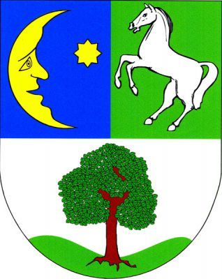 Dělený štít, nahoře modro-zeleně polcený, vpravo doleva obrácený půlměsíc s tváří provázený vlevo osmihrotou hvězdou, obojí zlaté, vlevo stříbrný kůň ve skoku, v dolním stříbrném poli na zeleném dvojvrší lípa přirozené barvy. Znak Vavřinec