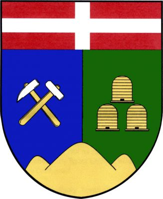 Zeleno - modře polcený štít s červenou hlavou se stříbrným heroldským křížem a zlatým trojvrším v patě. Vpravo stříbrná hornická kladívka se zlatými topůrky, vlevo tři (1, 2) zlaté včelí úly. Znak Včelákov