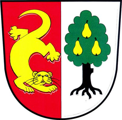 V červeno-stříbrně polceném štítě vpravo zlatá vydra hlavou dolů čelně hledící, vlevo zelená vykořeněná hrušeň s černým kmenem a třemi (1,2) zlatými hruškami. Znak Vedrovice