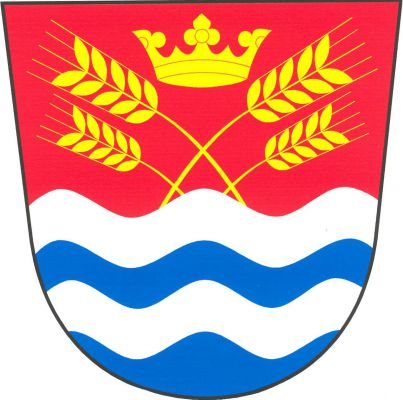 Vlnitě dělený štít, v horním v červeném poli vyrůstají dvě dvojice překřížených a odkloněných obilných klasů převýšených korunou, vše zlaté, dolní pole třikrát stříbrno - modře vlnitě dělené. Znak Vejvanovice