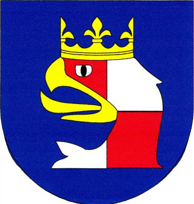 V modrém štítě hlava moravské orlice. Znak Velehrad