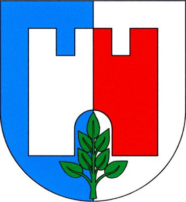 V modro-stříbrně polceném štítě stříbrno-červeně polcená věž se třemi stínkami a prázdnou branou, v ní vztyčená zelená olivová ratolest se sedmi listy. Znak Veleň