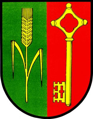 V zeleno-červeně polceném štítě vpravo obilný klas se dvěma listy vlevo postavený gotický klíč zuby dovnitř, vše zlaté. Znak Velenka
