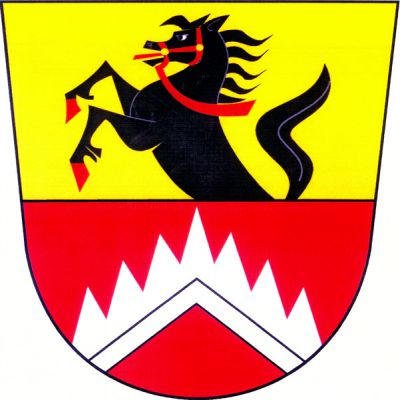 Ve zlato-červeně děleném štítě nahoře vyskakující černý kůň s červenou zbrojí a uzděním, dole stříbrný hřeben. Znak Velenov