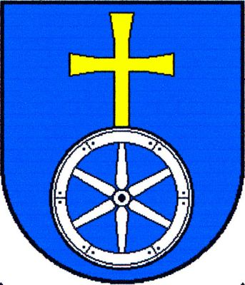V modrém štítě stříbrné vozové kolo s vyrůstajícím zlatým latinským křížem. Znak Velešovice