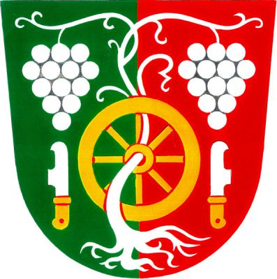V zeleno-červeně polceném štítě zlaté vozové kolo, jehož středem prorůstá vykořeněná stříbrná hlava vinné révy se dvěma svěšenými hrozny nahoře po stranách. Pod nimi dva odvrácené stříbrné vinařské nože se zlatými rukojeťmi. Znak Veletiny
