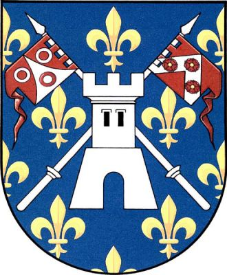 V modrém štítě posetém zlatými liliemi stříbrná patrová věž s prázdnou branou, dvěma černými okny vedle sebe a s třemi stínkami, podložená zkříženými praporci s ocasy na stříbrných dřevcích, pravý červený se stříbrným vydutým hrotem se třemi (2, 1) kruhy opačných barev, levý červený se stříbrnou krokví se třemi (1, 2) červenými růžemi se zlatými semeníky. Znak Velichov