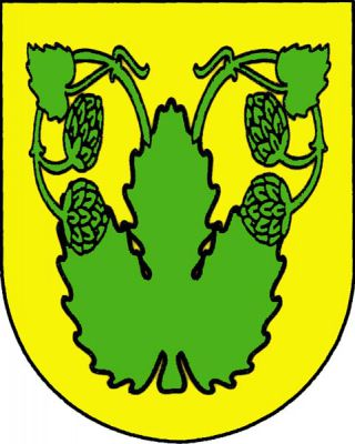 Ve zlatém štítě vztyčený zelený chmelový list se dvěma vyrůstajícími odvrácenými svěšenými stonky, každý s jedním lístkem a dvěma šišticemi. Znak Velká Chmelištná