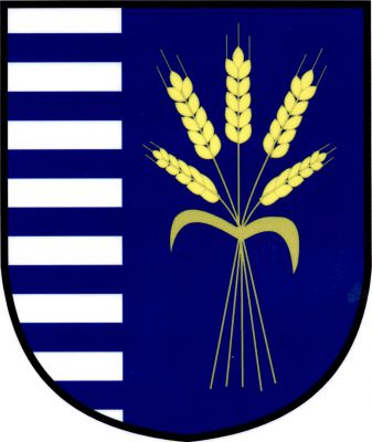 Stříbrno - modře vpravo polcený štít, vpravo sedm modrých břeven, vlevo pět zlatých zkřížených obilných klasů se dvěma listy. Znak Velká Dobrá