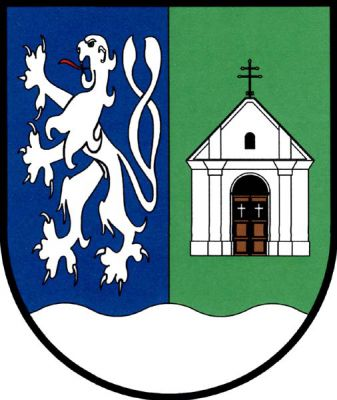 V modro-zeleně polceném štítě se stříbrnou vlnitou patou vpravo vzpřímený stříbrný dvouocasý lev s červeným jazykem, vlevo průčelí stříbrné kaple s černými dveřmi, stanovou střechou zakončenou černým patriarším křížkem. Znak Velká Jesenice