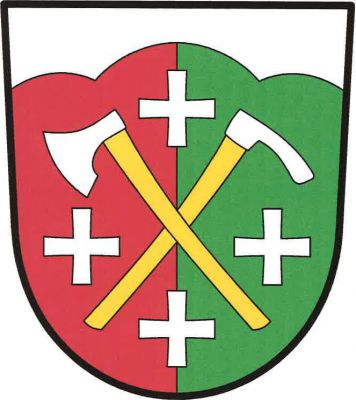 V červeno-zeleně polceném štítě pod stříbrnou hlavou oddělenou trojvrším kosmo položená sekera-širočina šikmo podložená motykou, obojí stříbrné na zlatých násadách a provázené čtyřmi (1, 2, 1) stříbrnými kříži. Znak Velká Lhota