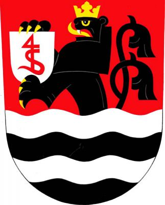Vlnitým řezem dělený štít, v horním červeném poli vyrůstá půl černého korunovaného dvouocasého lva se zlatou zbrojí. Lev drží stříbrný štítek s červenou merkou v podobě arabské čtyřky, na níž je položeno písmeno \S\". Spodní pole třikrát stříbrně a černě vlnitě děleno." Znak Velké Losiny