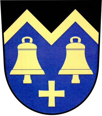 Zvýšeně černo-modře třikrát lomeným zlatým zúženým břevnem dělený štít, dole dva zvony, pod nimi řecký kříž, vše zlaté. Znak Velké Přílepy