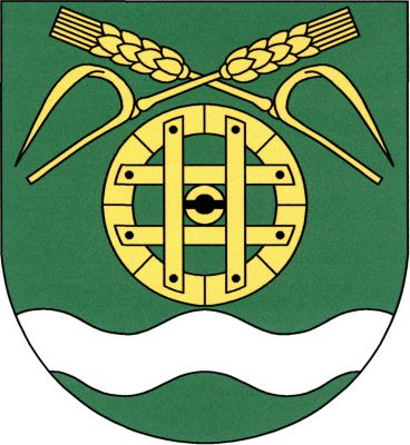 V zeleném štítě nad stříbrným vlnitým břevnem v patě, mlýnské kolo převýšené zkříženými obilnými klasy, každý s listem, vše zlaté. Znak Velký Borek
