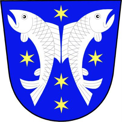V modrém štítě dvě vztyčené odvrácené prohnuté stříbrné ryby provázené pěti (1,2,1,1) zlatými hvězdami. Znak Velký Rybník