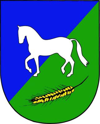 V modro-zeleně šikmo děleném štítě stříbrný kráčející kůň nad položeným zlatým obilným klasem. Znak Vělopolí
