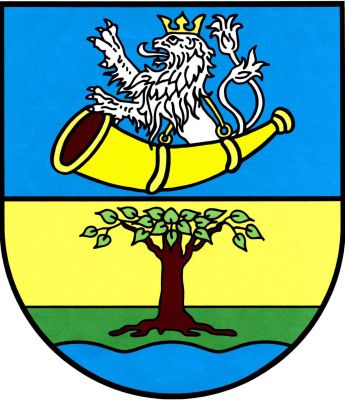 V děleném štítě nahoře v modrém poli ze zlaté trubky se závěsem vyrůstá stříbrný dvouocasý korunovaný lev. V dolním zlato - zeleně děleném poli nad modrou vlnitou patou vykořeněná lípa přirozené barvy. Znak Veltruby