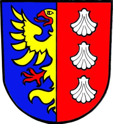 Modro-červeně polcený štít. V pravém poli vyniká polovina zlaté orlice s červenou zbrojí, v levém tři stříbrné mušle pod sebou. Znak Vendryně