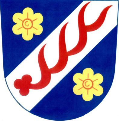 V modrém štítě stříbrné šikmé břevno s červeným parohem, provázené dvěma zlatými květy. Znak Verměřovice