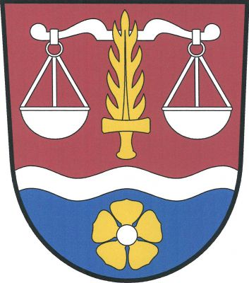 V červeno-modře sníženým stříbrným zúženým vlnitým břevnem děleném štítě nahoře vztyčený zlatý plamenný meč podložený stříbrnými váhami, dole zlatá růže se stříbrným semeníkem. Znak Vernéřovice