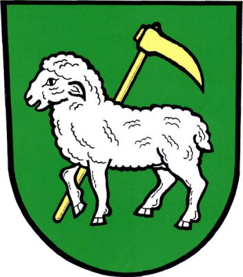 V zeleném štítě stříbrná ovce držící zlatou motyku. Znak Veřovice