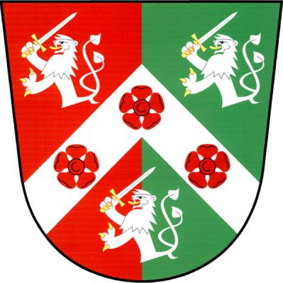 V červeno - zeleně polceném štítě snížená stříbrná krokev se třemi červenými růžemi, provázená třemi polovičními dvouocasými lvy se zlatou zbrojí, každý drží šikmo vztyčený stříbrný meč se zlatým jílcem. Znak Verušičky