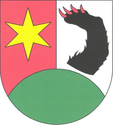 V červeno - stříbrně polceném štítě nad zeleným vrchem vpravo zlatá hvězda, vlevo vztyčená, ven prohnutá černá medvědí noha s červenou zbrojí. Znak Veselé