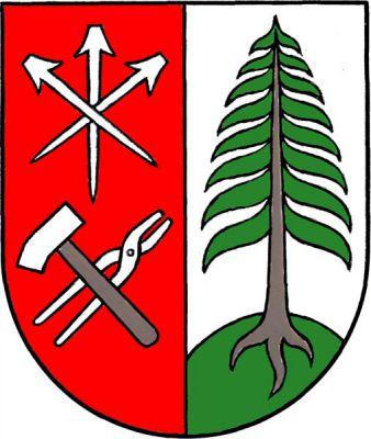 Červeno-stříbrně polcený štít, vpravo tři stříbrné zkřížené kovářské hřeby, pod nimi kosmo položené stříbrné cvočkařské kladivo s hnědým topůrkem šikmo podložené stříbrnými kleštěmi, vlevo na zeleném návrší vykořeněný smrk přirozené barvy. Znak Věšín